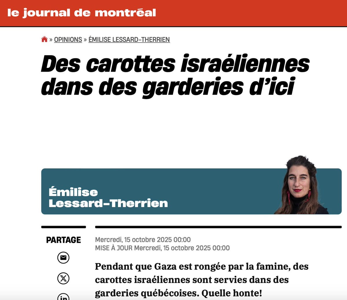 Lior Bibas🎗️ (@liorbibasmd) on Twitter photo Émilise Lessard-Therrien du <a href="/JdeMontreal/">Le Journal de Montréal</a> aime les carottes mais n’aime pas les carottes israéliennes 🥺.
Pourtant, plusieurs de ces produits proviennent des champs du sud d’Israël - les mêmes où des agriculteurs ont été massacrés il y a 2 ans.
L’humanisme sélectif, c’est pas Émilise Lessard-Therrien du <a href="/JdeMontreal/">Le Journal de Montréal</a> aime les carottes mais n’aime pas les carottes israéliennes 🥺.
Pourtant, plusieurs de ces produits proviennent des champs du sud d’Israël - les mêmes où des agriculteurs ont été massacrés il y a 2 ans.
L’humanisme sélectif, c’est pas