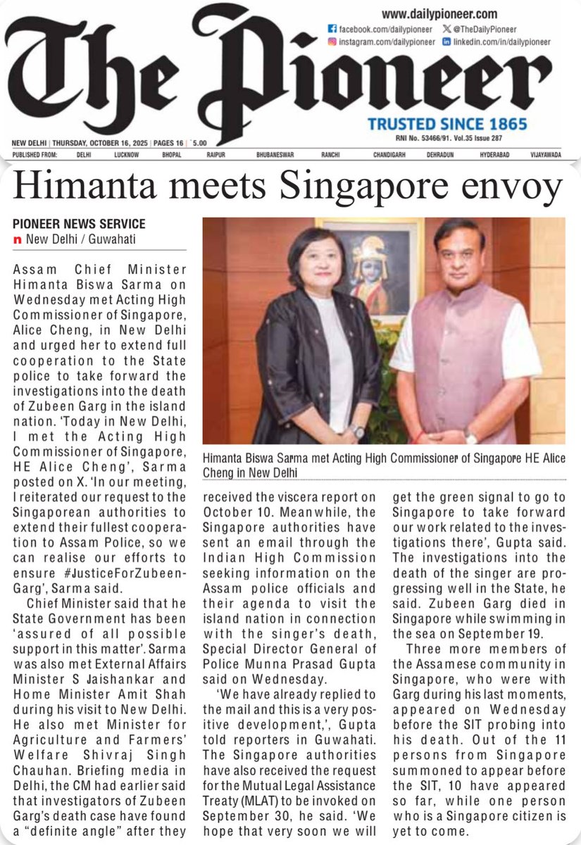 “Today in New Delhi, I met the Acting High Commissioner of Singapore, H.E. Alice Cheng'', CM Sarma posted on X.

''In our meeting, I reiterated our request to the Singaporean authorities to extend their fullest cooperation to Assam Police, so we can realise our efforts to ensure