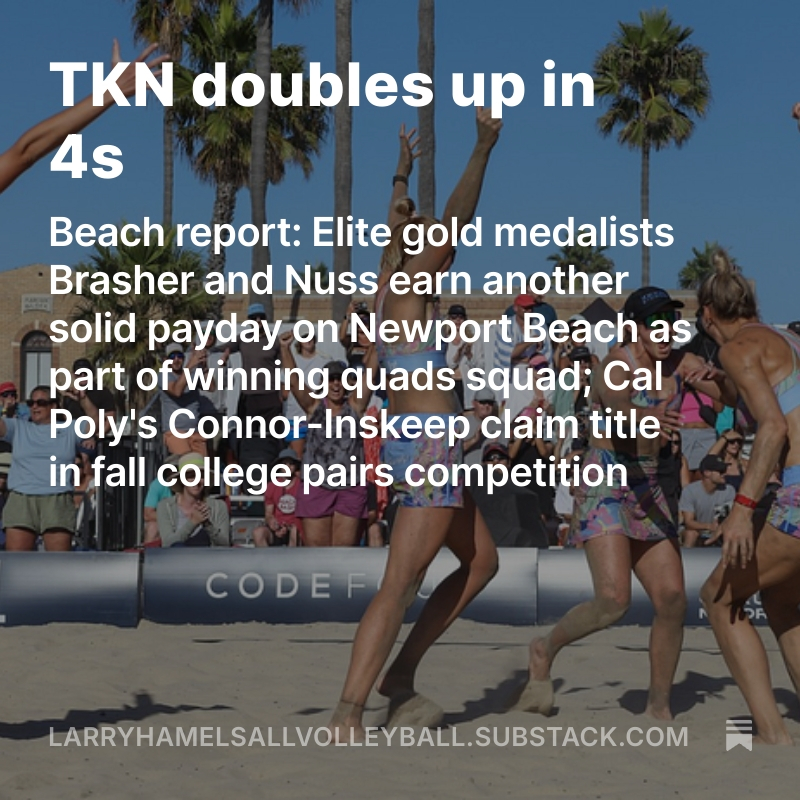 My mid-week beach report on All Volleyball! is highlighted by stunning photos of the Newport Beach 4s tournament from Stephens Burns and Mark Rigney. Check it out by clicking on the link below:
open.substack.com/pub/larryhamel…