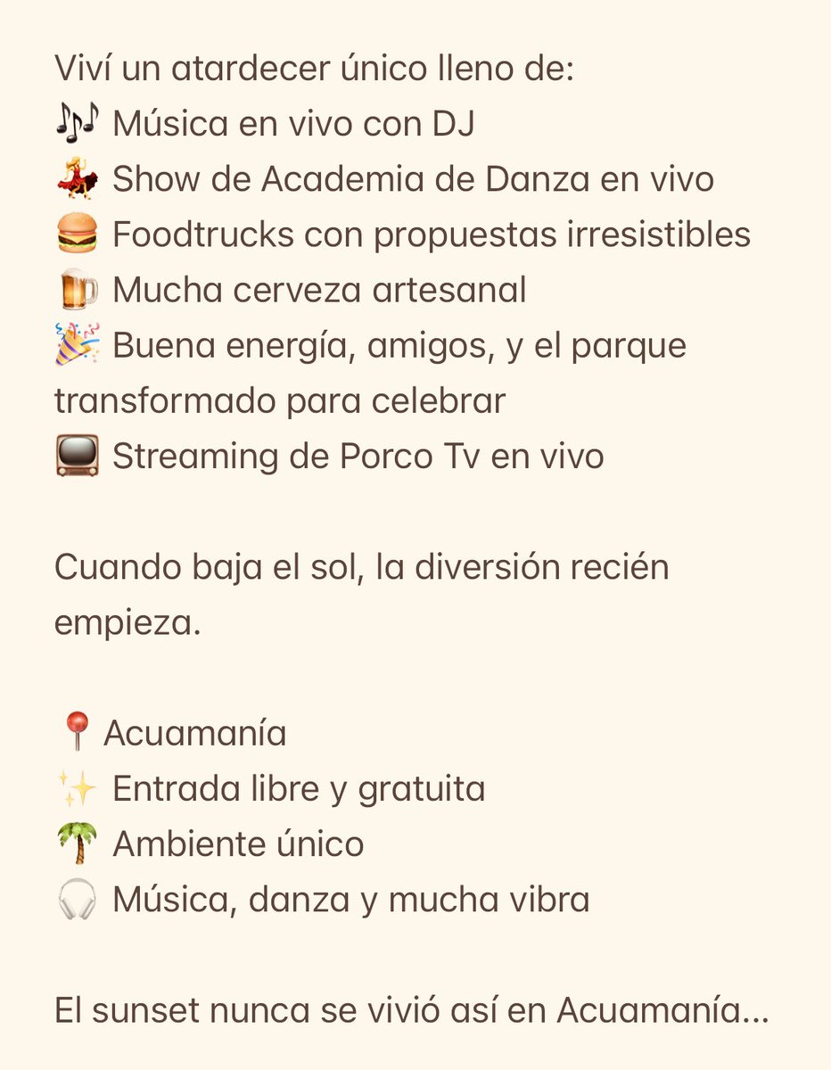 🌅 La magia de #Acuamanía se transforma al atardecer… ¡y vos estás invitado! ✨

Llega nuestro primer SUNSET en Acuamanía con una edición especial de Oktober Fest 🍻...
¡Y lo mejor de todo! LA ENTRADA ES GRATUITA 🎉

 ¡No te lo podés perder!
