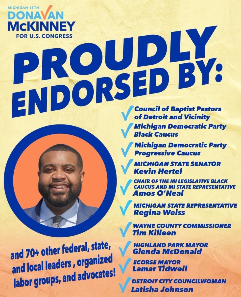 JamesconwayIND's tweet image. If you live in MI-13, you have a tough, proven Progressive Democratic Candidate for Congress! Donavan McKinney donavanforcongress.com fought vigorously for Working Class people in the State Assembly, and now he's ready to deliver for us in Congress.
#DemVoice1