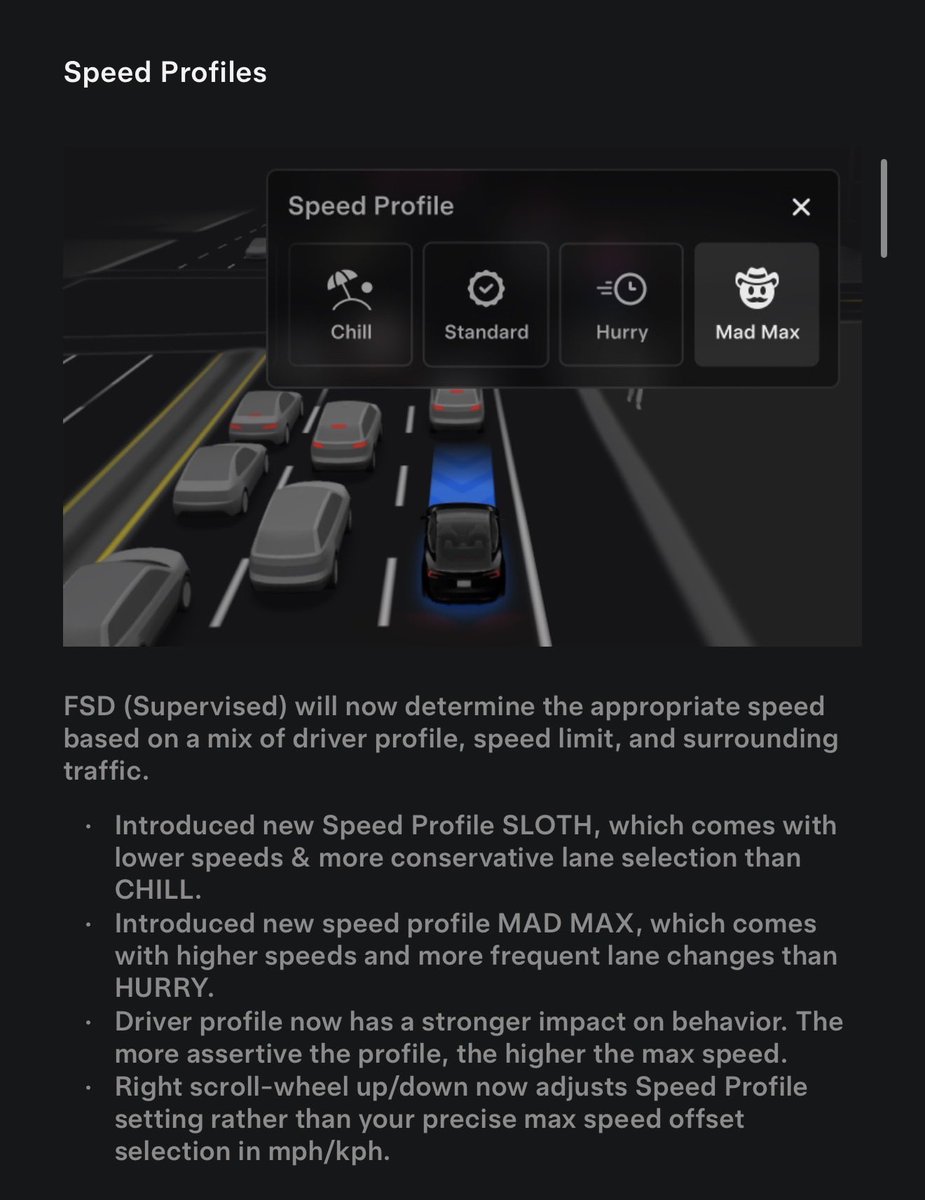 SawyerMerritt's tweet image. Just received @Tesla FSD V14.1.2 on my Model Y. This version debuts a new feature called Mad Max mode.
“Introduced new speed profile MAD MAX, which comes with higher speeds and more frequent lane changes than HURRY.”
This is the third FSD software release in just the last 8…