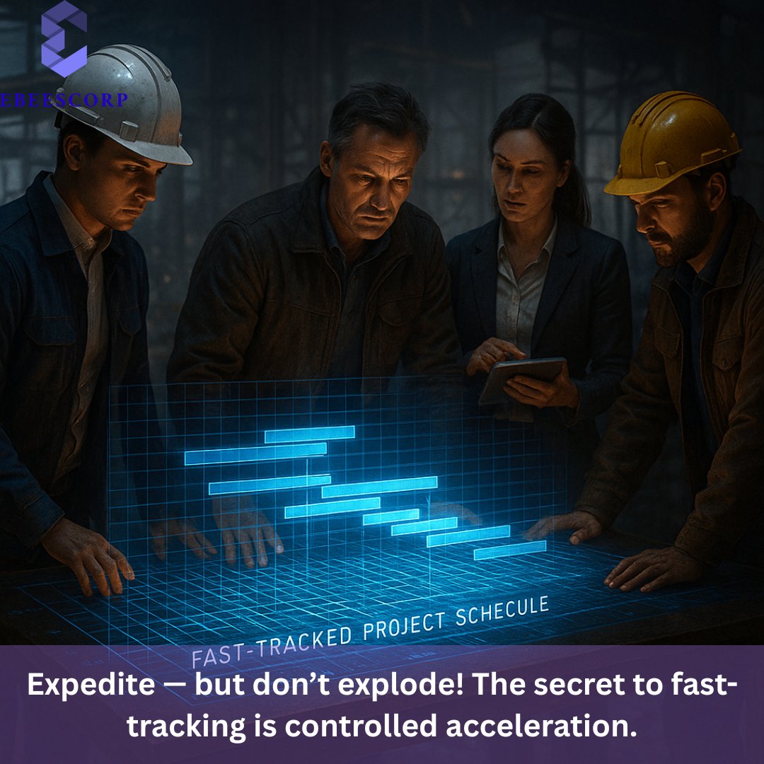 ebeescorp's tweet image. When deadlines shrink, panic expands.
But smart PMs don’t rush — they restructure.
Here’s how you can expedite a delayed project without breaking quality or budgets
1️⃣ Fast-track activities by overlapping design & execution
#ProjectCrashing #ProjectScheduling #PrimaveraP6 #ebees