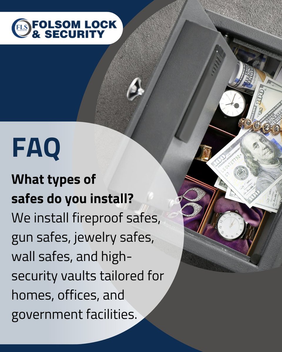 FolsomLocks's tweet image. What types of safes do you install?
We install fireproof safes, gun safes, jewelry safes, wall safes, and high-security vaults tailored for homes, offices, and government facilities.
#Locksmith #SecuritySolutions #HomeSafety #PropertySecurity #Folsomlocks