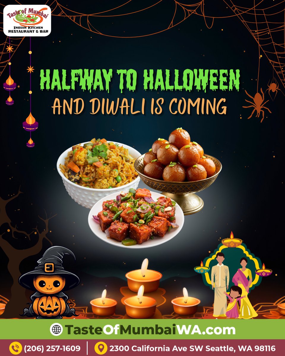 Mumbai_Kitchen1's tweet photo. Trick-or-treat season meets the festival of lights! 🎃🪔
We’re halfway to Halloween and getting ready for Diwali celebrations!

Celebrate the season of joy, flavor, and fun with #TasteOfMumbai 

Order Online👉: https://t.co/Eck6Bx0QSS

#DiwaliIsComing #FestiveEats #DiwaliVibes https://t.co/BrMEYkpBkZ