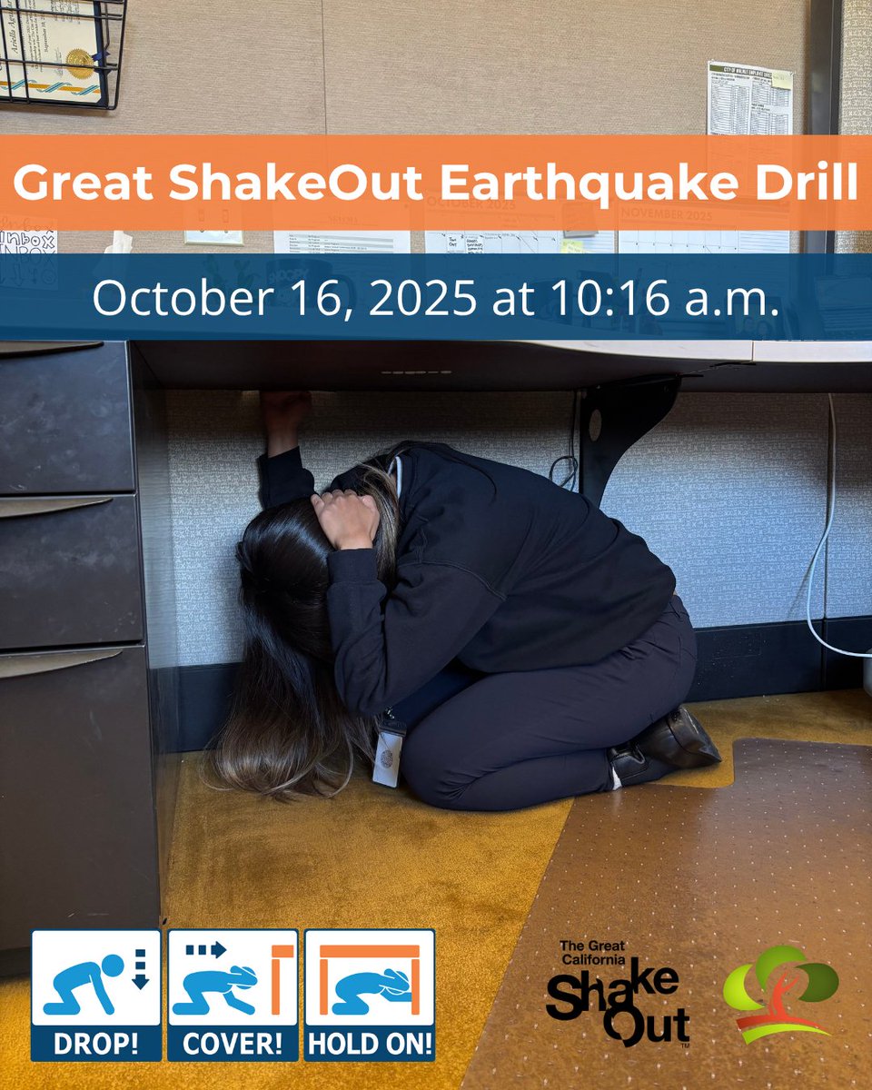 🫨 Great ShakeOut 🚨

Tomorrow, October 16, City of Walnut staff will be participating in the Great California ShakeOut at 10:16 a.m.

This is your annual chance to practice what to do during an earthquake.

Learn more at shakeout.org.