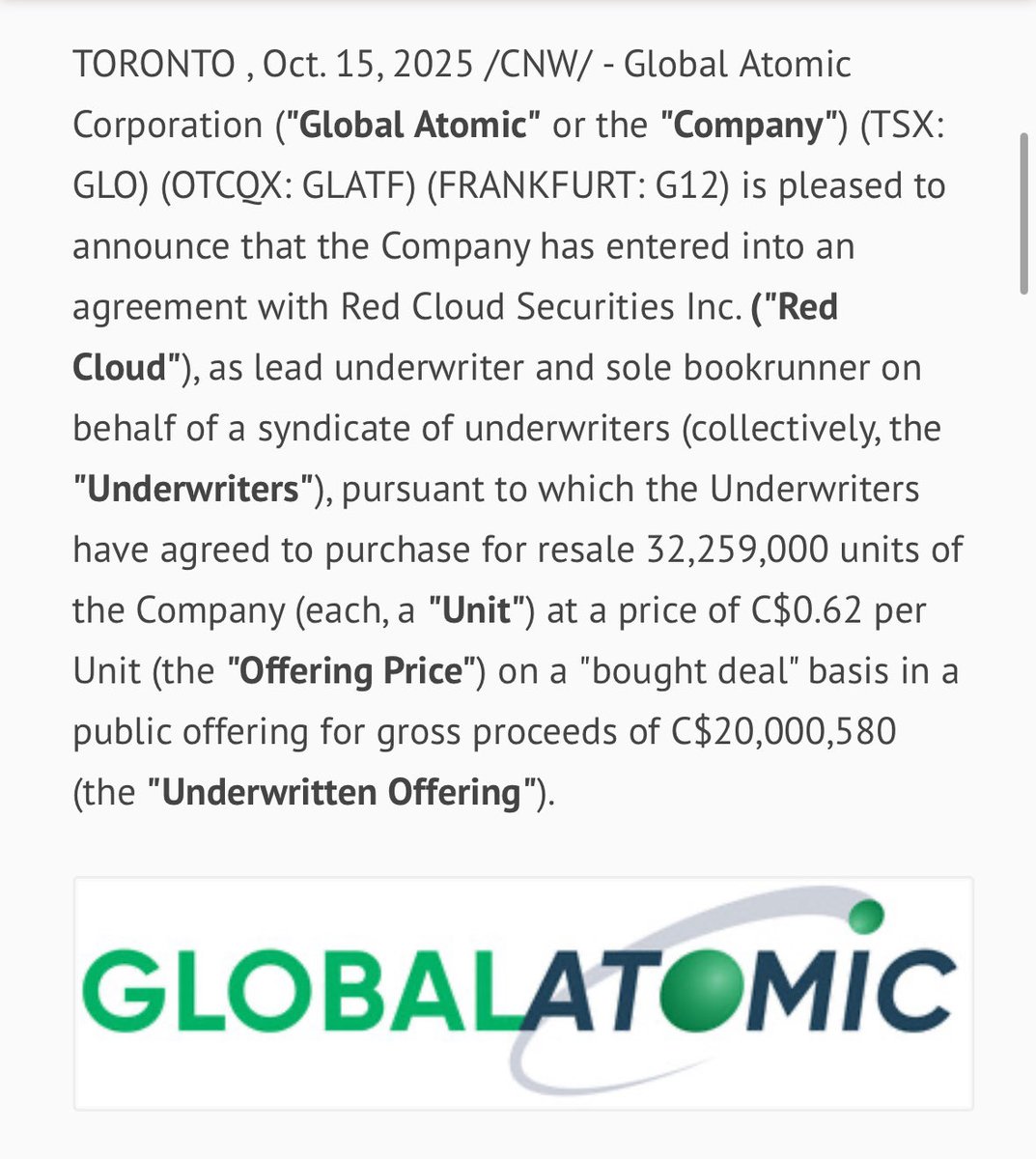 BidBird10's tweet photo. Global Atomic $GLO raises C$20M. Price C$0.62 per share. https://t.co/hyjaE1Jrtq