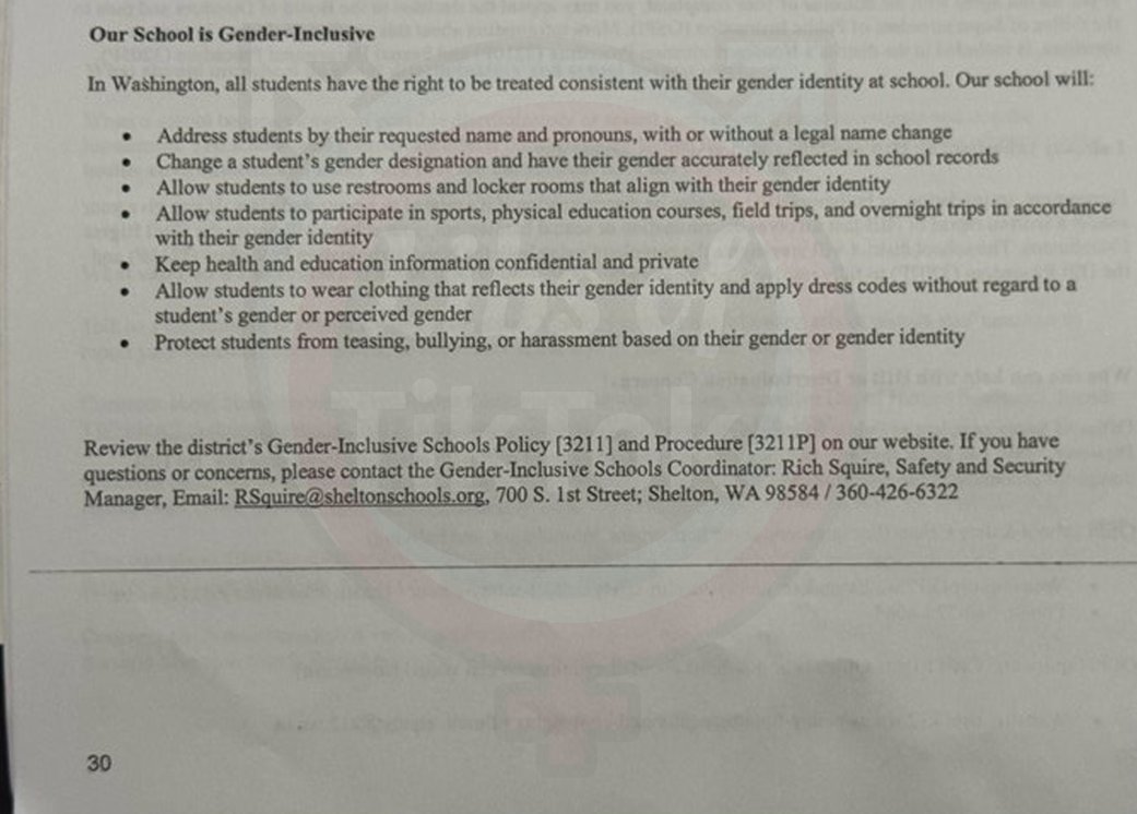 libsoftiktok's tweet image. Sent to me by a follower. Shelton School District in Washington State is pushing radical "gender-inclusive" polices at their schools, which include:
-Pushing made-up names and pronouns
-Changing the gender of students in school records
-Let males invade the female restrooms…