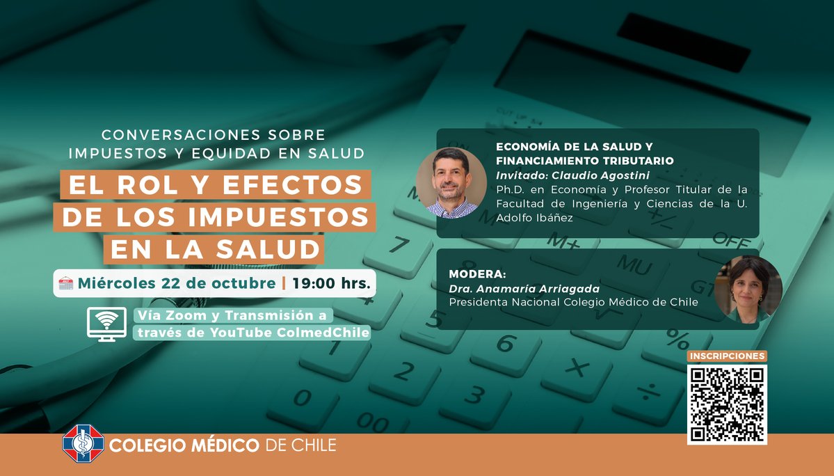 ¿Cómo se financia la salud y qué rol juegan los impuestos en la equidad del sistema?
Acompáñanos en un ciclo de conservatorios que comienza este miércoles 22 de octubre, donde hablaremos sobre economía de la salud y financiamiento tributario con el economista Claudio Agostini.