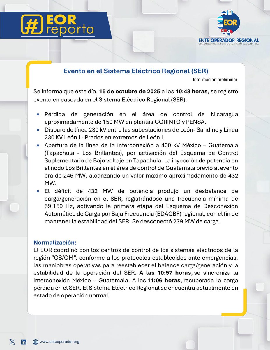 #EORinforma sobre evento en el #SER, ocurrido a las 10:43horas: