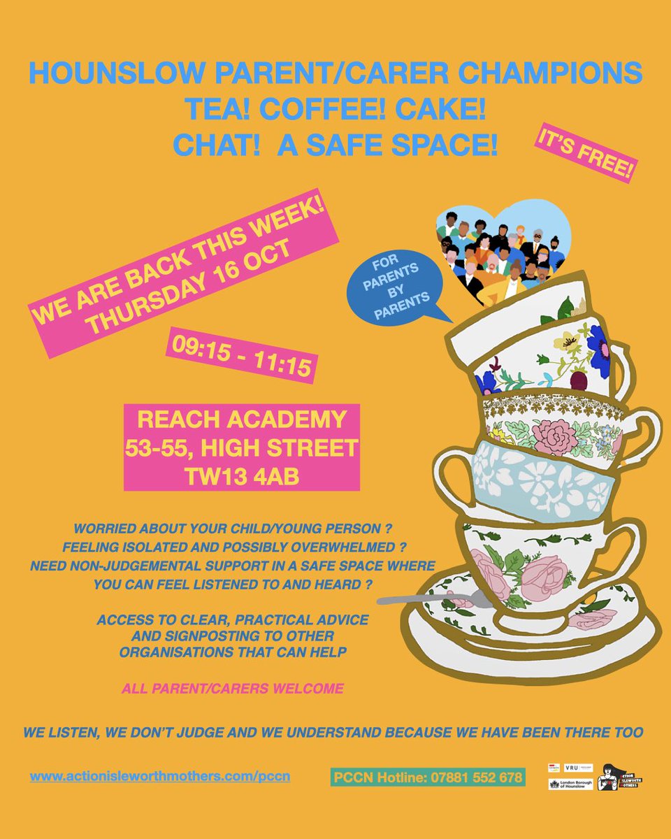 ActionMothers's tweet photo. Our Parent Champions are back tomorrow Thurs 16 Oct at our Reach Coffee Morning for all Hounslow parents and carers 09:15-11:15 #aim #parentcarerchampions #hounslow #isleworth #feltham #community #parentsupport #communitysupport #communityisunity https://t.co/iQqlH7BcQ2