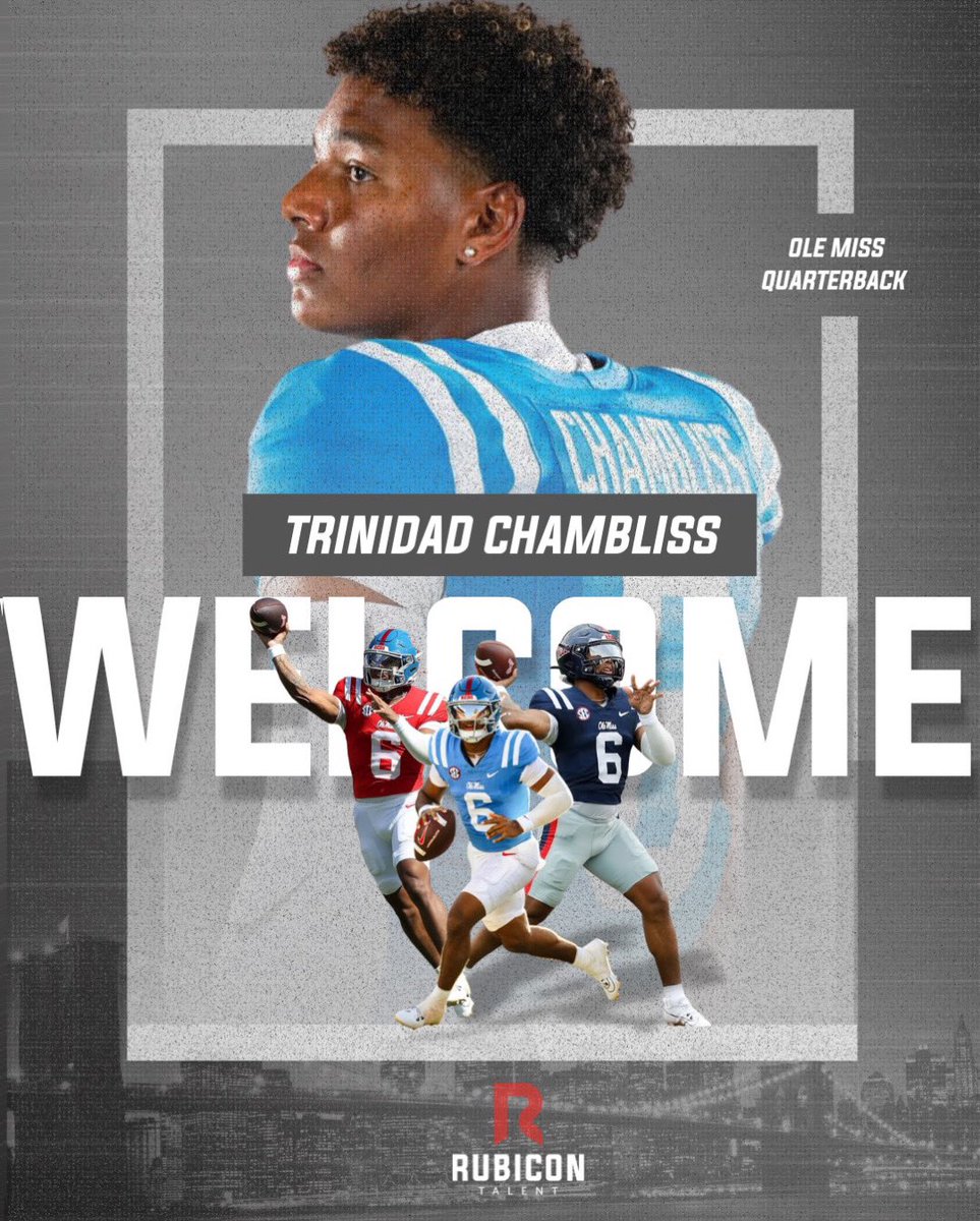 We are excited to welcome Ole Miss breakout Quarterback, <a href="/TrinidadChambl1/">Trinidad Chambliss</a>, to Rubicon Talent! 

We will help support Trinidad in all areas off the field, helping him develop his brand and build a strategic portfolio of authentic partnerships and business ventures! 

Let’s work!