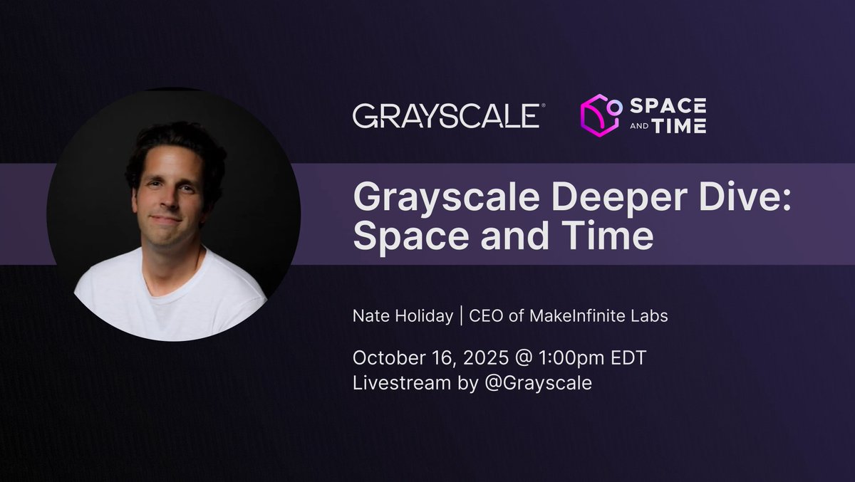 spaceandtime's tweet photo. Set your reminder ⏰

Tomorrow, @nateholiday joins @Ray_scale for a @Grayscale Deeper Dive to discuss new developments in the Space and Time ecosystem, the partnership with @Microsoft, and more. https://t.co/W7NuG1YL6a