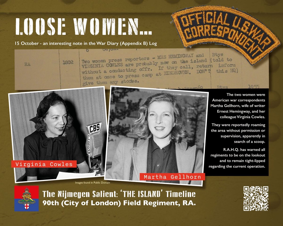 On this day: In language very much of its time - some 'women' of the press are on the loose... 

 #OTD #royalartillery #ww2history #ww2 #northbrabant #gunners #25pdr #sexton #nijmegen #theisland #betuwe #autumn1944 #arnhem #elst #virginiacowles #marthagellhorn #ernesthemingway