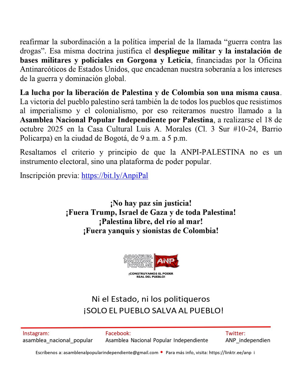 La victoria del pueblo palestino será también la de todos los pueblos que resistimos al imperialismo y el colonialismo, por eso reiteramos nuestro llamado a la ANPI por Palestina. El 18 de octubre en la Casa Cultural Luis A. Morales (Cl. 3 Sur #10-24, Barrio Policarpa) en Bogotá.