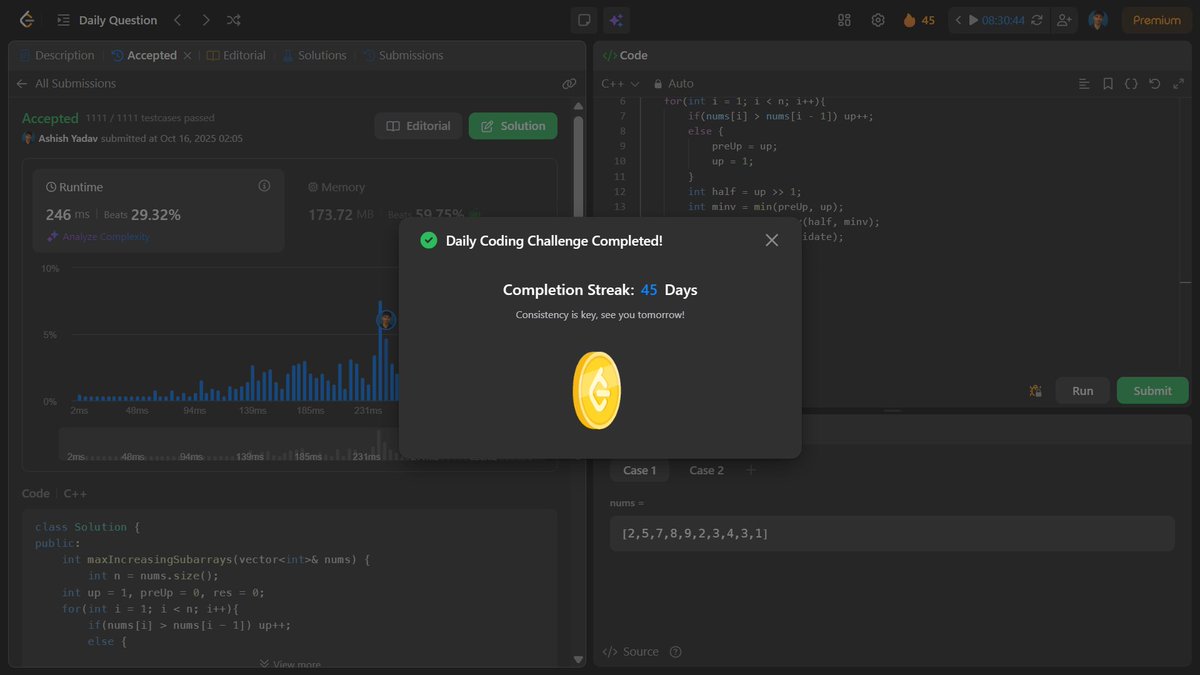 ASHISHK3712's tweet image. Day 45/100 of Consistency 🔥
Swam through “ Adjacent Increasing Subarrays Detection II"📷
#LeetCode #POTD streak goes on!
100-day challenge looking more real every day 📷 🏁