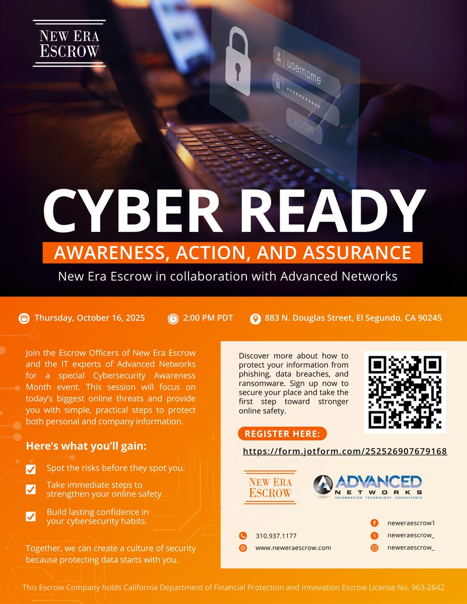 🏡 Don’t be a target! Join New Era Escrow &amp; Advanced Networks to learn how to protect your real estate business from cyber threats. 
✅ Reserve Your Spot Today!

form.jotform.com/252526907679168