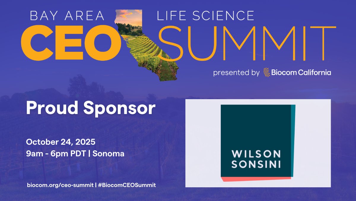 wilsonsonsini's tweet image. We're proud to sponsor the @biocom Bay Area CEO Summit, a conference designed exclusively for #CEOs in the #lifescience industry.

On Oct 24, partner Ian Edvalson will present on "Corporate Venture and BD in the Current Environment."

Learn more:: wsgr.com/en/events/bioc…