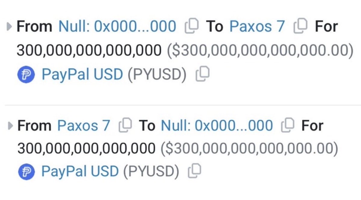 Paypal just accidentally minted $300,000,000,000,000 ($300Trillion) $PYUSD and burned it right after.
