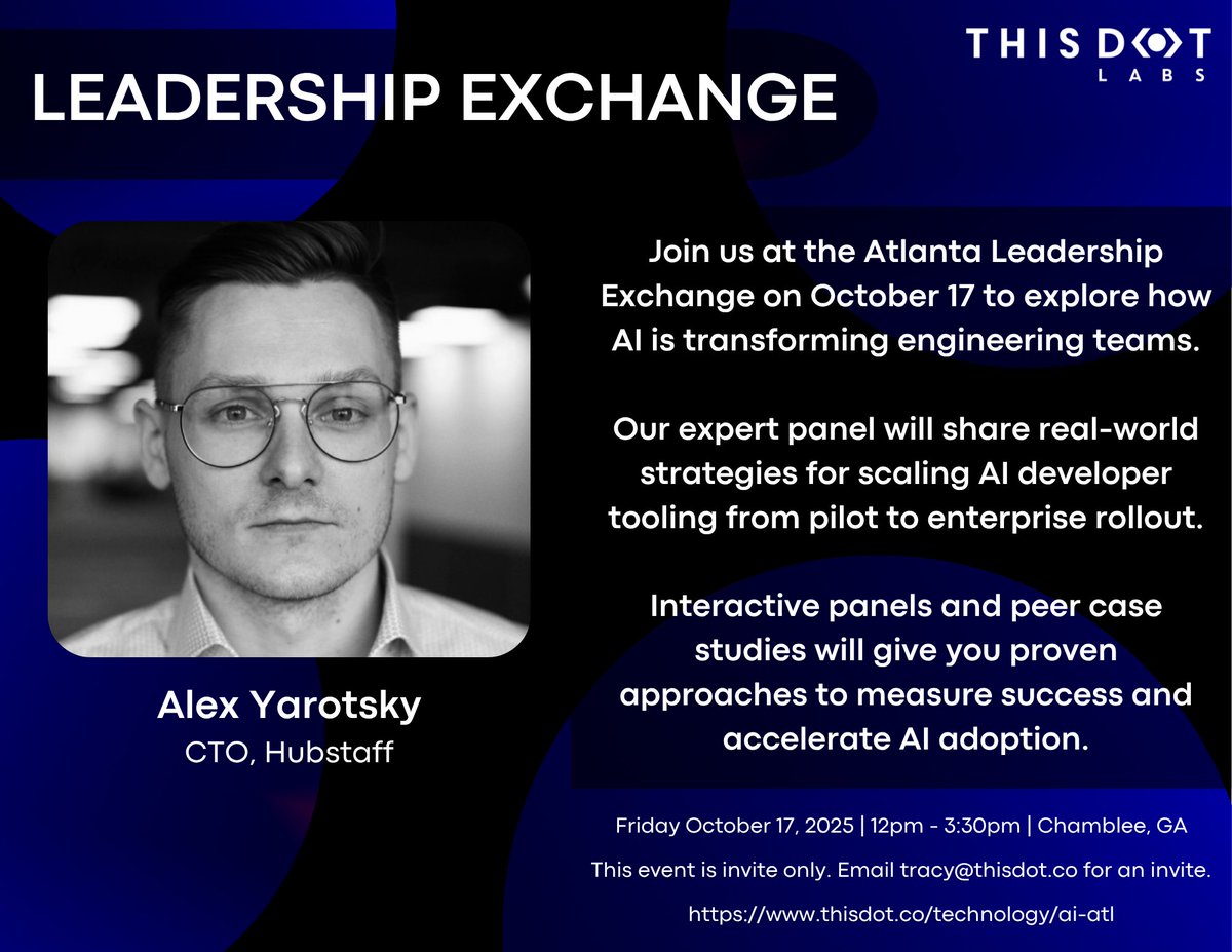 CTO, <a href="/AlexYarotsky/">Alex Yarotsky</a> oversees engineering and reliability at <a href="/Hubstaff/">Hubstaff</a> and has a passion for emerging tech and workforce software.

He brings his knowledge and experience to this Friday's #AI Leadership Exchange in Chamblee!

RSVP: 📨 tracy@thisdot.co

More details linked below!🔽
