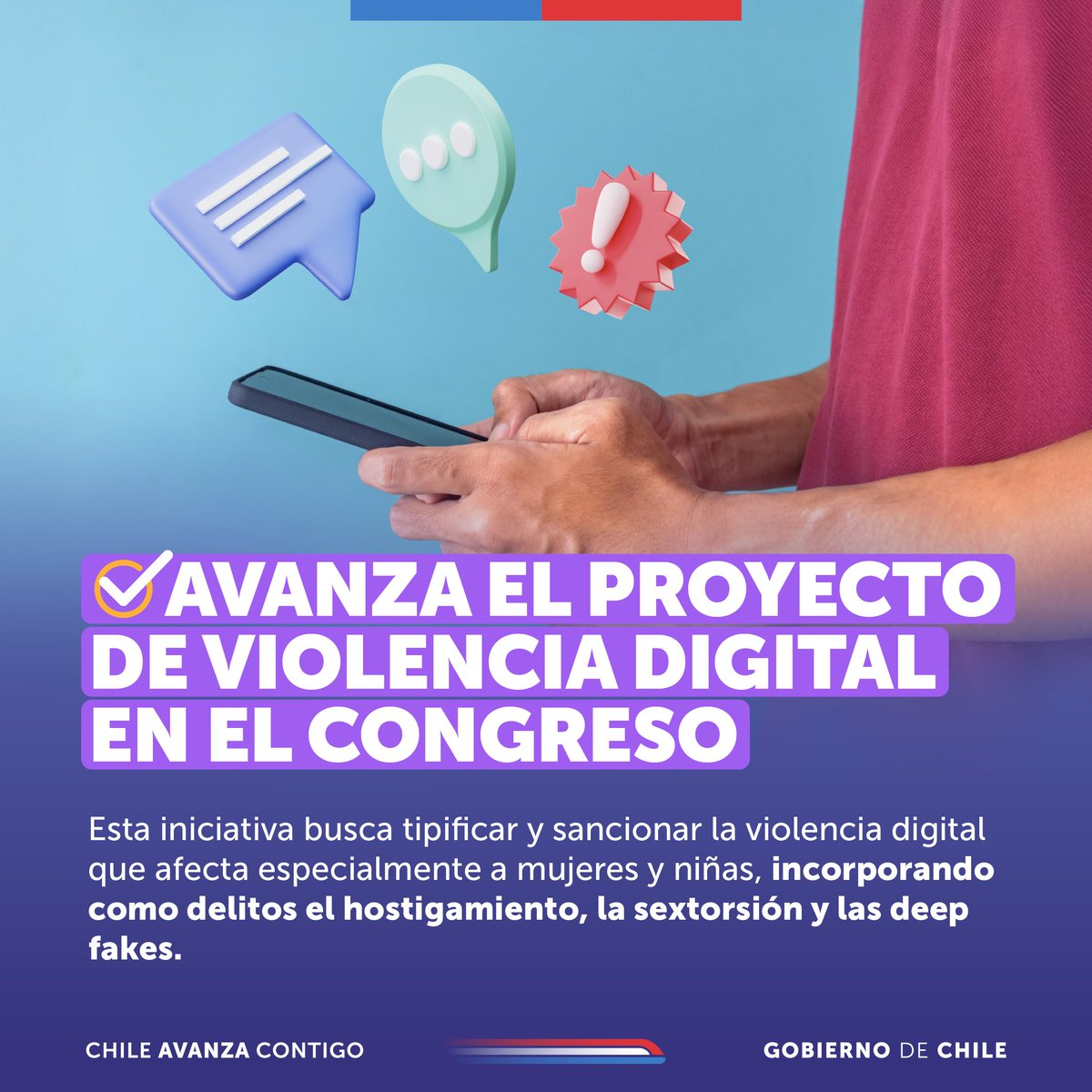 El proyecto de violencia digital avanza a Comisión de Constitución en <a href="/Senado_Chile/">Senado Chile</a>. Este busca tipificar y sancionar la violencia digital incorporando como delitos la sextorsión y las deep fakes, y crea medida cautelar para eliminar contenidos asociados a delitos sexuales 🚫💻