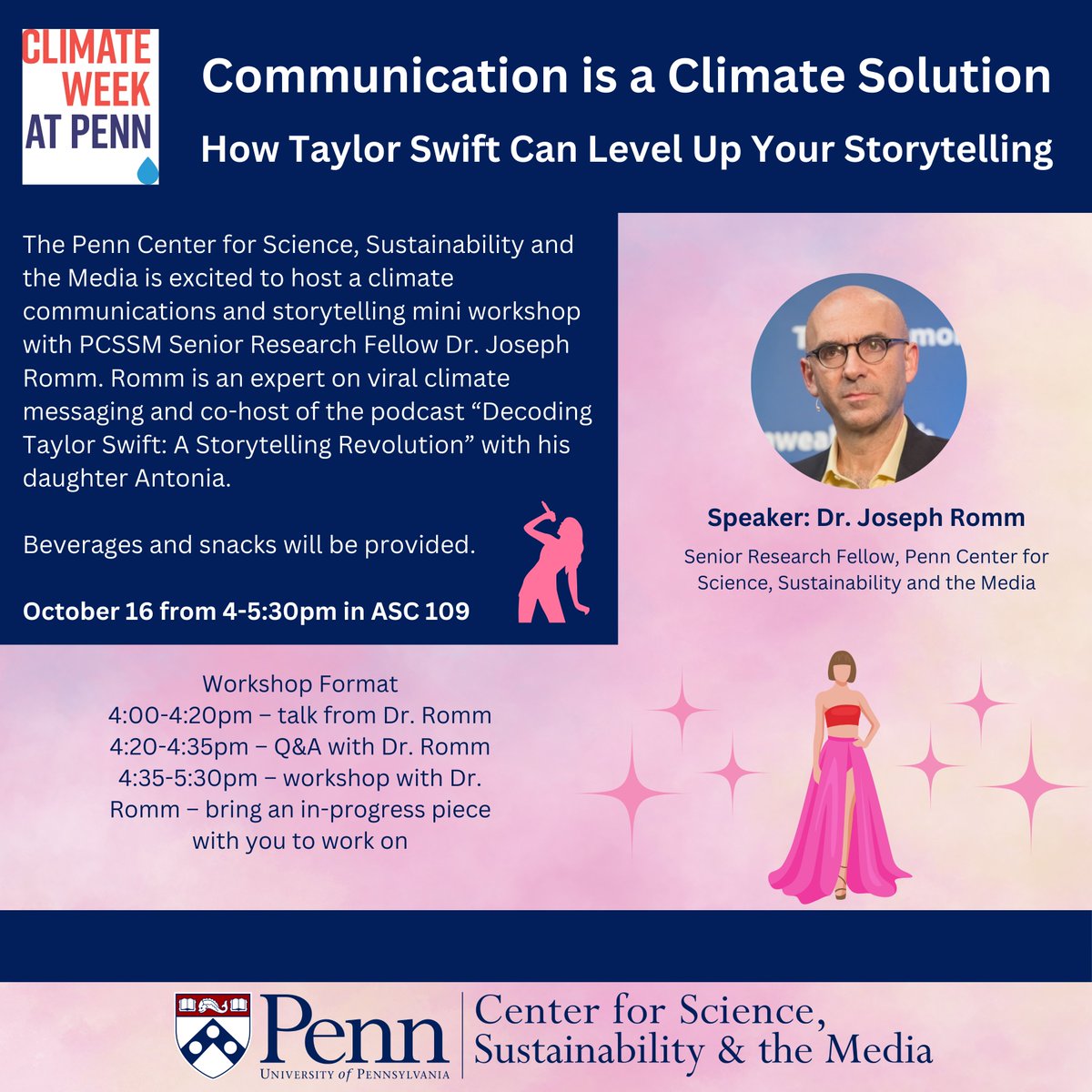 PennCSSM's tweet image. Last chance to sign up for our event happening tomorrow from 4-530pm w/ Dr. Joe Romm tomorrow &quot;Communication is a Climate Solution: How Taylor Swift Can Level Up Your Storytelling&quot;!
#upenn #climatechange #penncssm #pcssm #climateweekatpenn
@MichaelEMann 
web.sas.upenn.edu/pcssm/calendar…