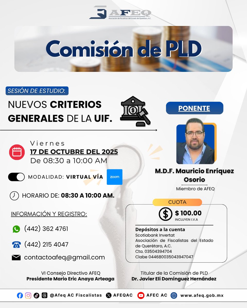 🔍🤔 ¿𝗦𝗮𝗯𝗲𝘀 𝗾𝘂𝗲́ 𝗶𝗺𝗽𝗹𝗶𝗰𝗮𝗻 𝗹𝗼𝘀 𝗻𝘂𝗲𝘃𝗼𝘀 𝗰𝗿𝗶𝘁𝗲𝗿𝗶𝗼𝘀 𝗴𝗲𝗻𝗲𝗿𝗮𝗹𝗲𝘀 𝗱𝗲 𝗹𝗮 𝗨𝗜𝗙?

𝘼𝙋𝘼𝙍𝙏𝘼 𝙏𝙐 𝙇𝙐𝙂𝘼𝙍 para nuestra sesión de PLD: 
📲 Whatsapp: wa.me/524423624761 
📧 contactoafeq@gmail.com 
📞 442 362 4761