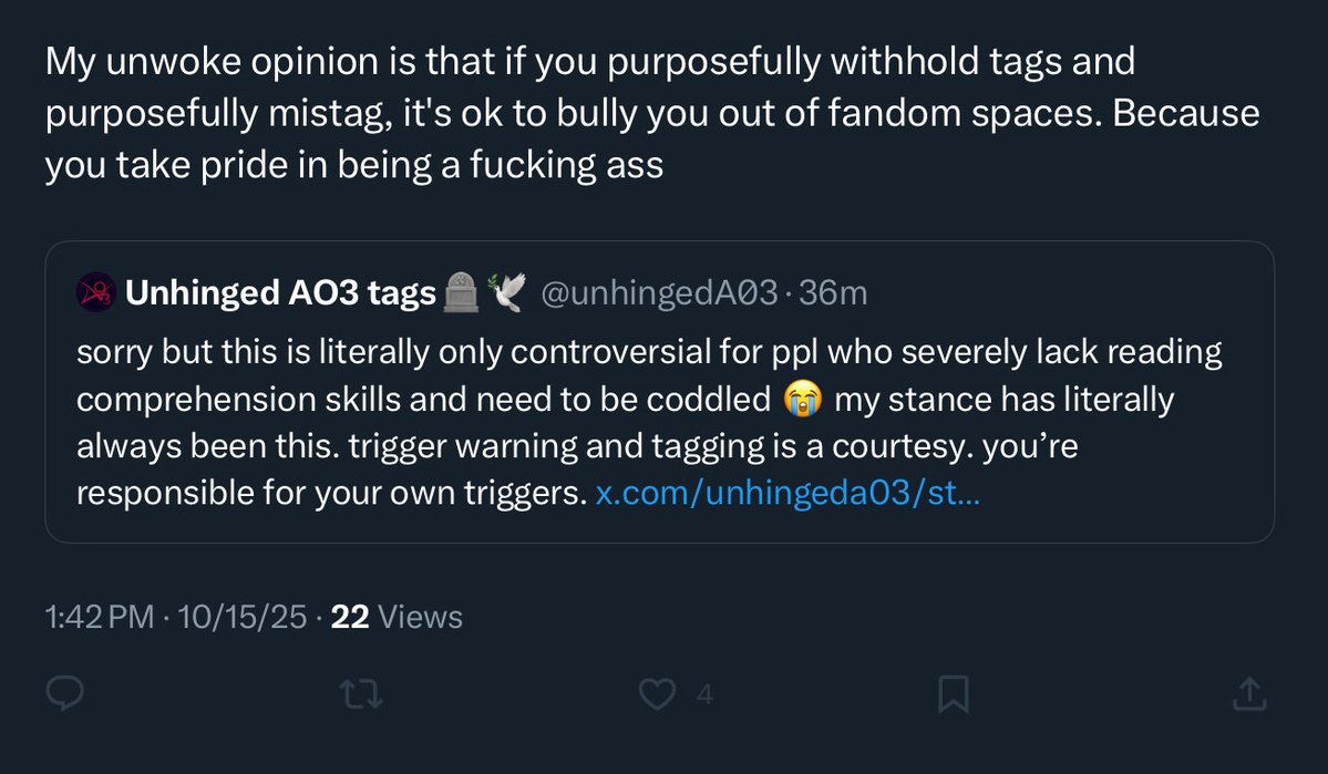 unhingedA03's tweet image. this is what i mean by “tagging culture”. what criteria would make someone fall under “purposely withholding tags”? how tf do you even purposely withhold tags? so now if you have a fic and you don’t tag the dynamic, you deserve to be bullied out of fandom? come on now😭