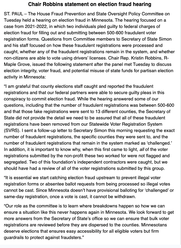 UPDATE: Rep. Robbins says she has sent a letter to MN Secretary of State Steve Simon requesting "the number of fraudulent registrations that remain in the system." 

She also wants to know why "all of the voter registrations submitted by the non-profit these two worked for were