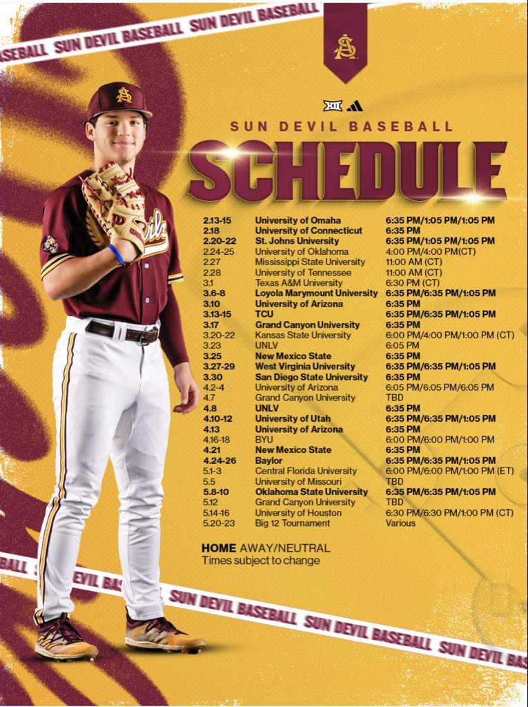GLundMedia's tweet image. ASU Baseball has unveiled its 2025 schedule, highlighted by a two-game set with Oklahoma (38–22), a matchup against Tennessee (46–19), meetings with reigning Big 12 champion Arizona (44–21), and a showdown with West Virginia (44–16).
*All records from 2025
@DevilsDigest