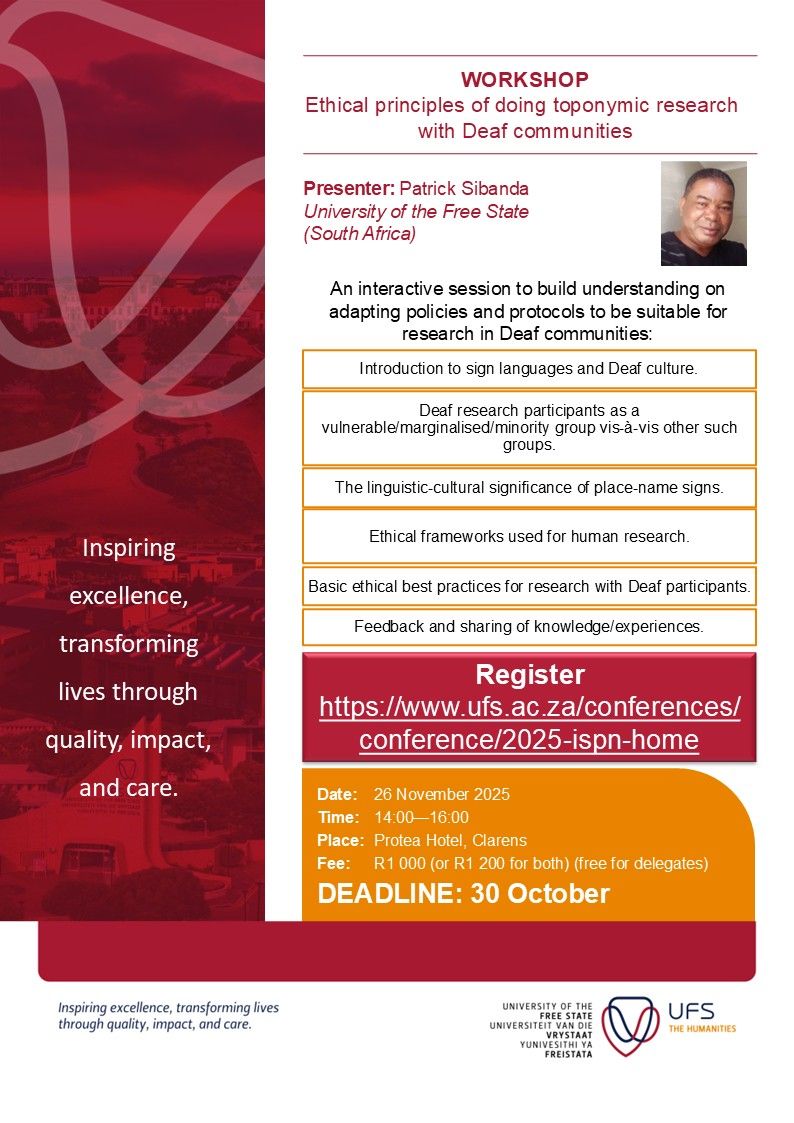 eug1979's tweet photo. e-Onomastics: #Workshop "#Ethical #principles of doing #toponymic #research with #Deaf #communities" https://t.co/9yUObKvJql 🔺Deadline: 30 October
🔺Presenter: @Patrick Sibanda (University of the Free State, South #Africa) https://t.co/SZBzguRpbE