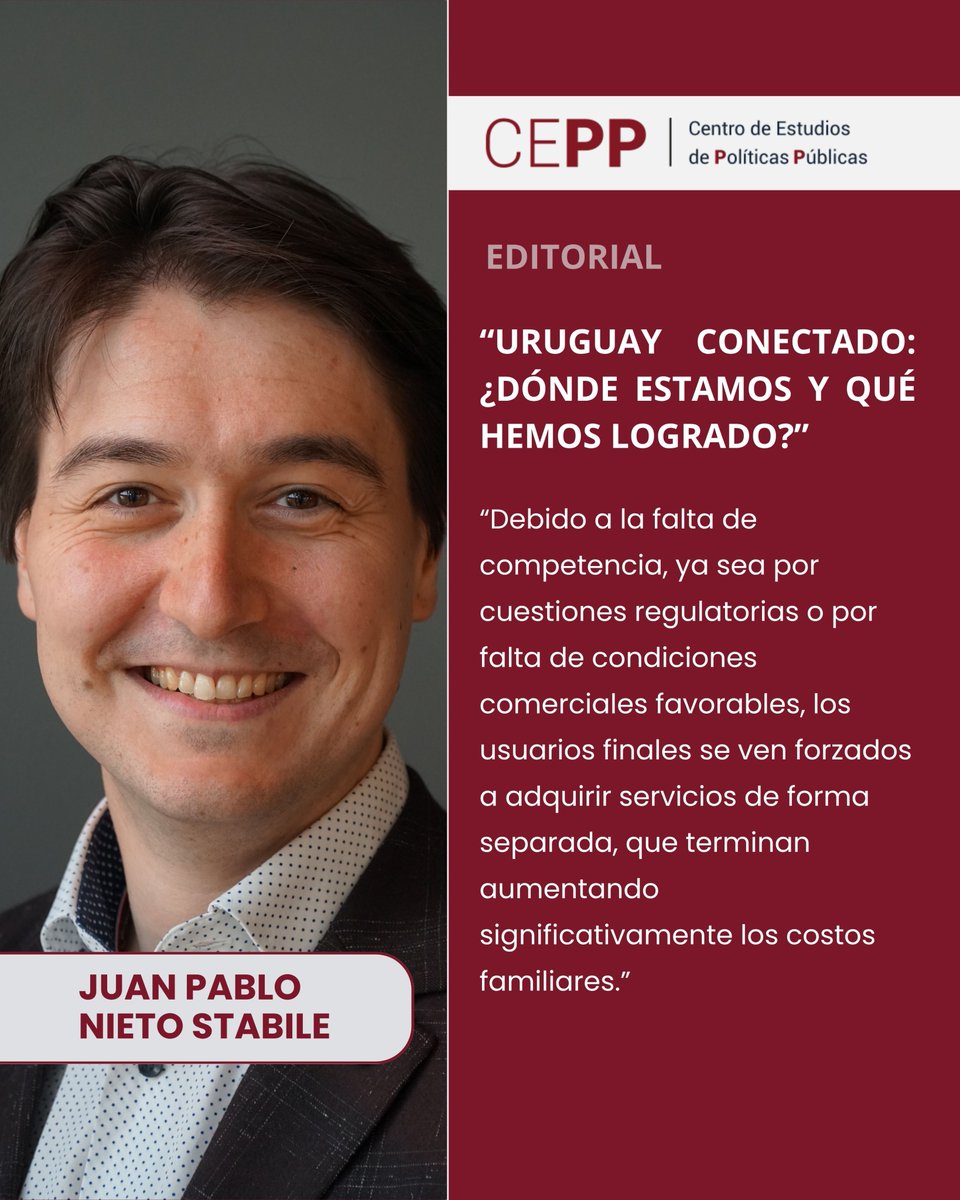 ✍ Nueva editorial del <a href="/CEPP_UY/">CEPP</a> 

Presentamos una nueva editorial escrita por Juan Pablo Nieto Stabile (<a href="/Jpnieto/">Juan Pablo Nieto</a>), ingeniero en telecomunicaciones, titulada:

 “Uruguay conectado: ¿Dónde estamos y qué hemos logrado?” 🇺🇾 📡

En su artículo, se analiza la evolución del sector de
