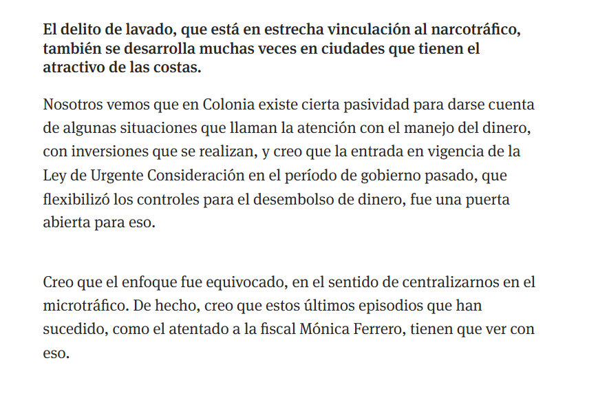 Lo que declaró el jefe de Policía de Colonia es lo mismo que dijo el republicano Eric Geelan (embajada de Estados Unidos) en 2023. Sí, el macrotráfico a gran escala tiene recursos para lavar dinero y además genera violencia.
ladiaria.com.uy/colonia/articu…