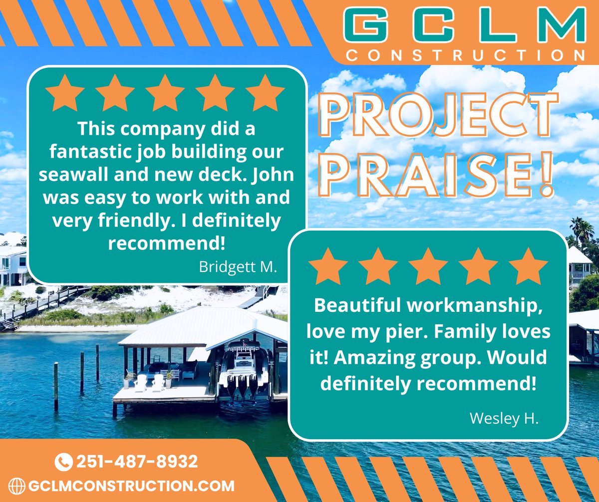 GCLMCon's tweet image. Our clients say it best! 🌊✨ From seawalls to decks, GCLM delivers expert craftsmanship and reliable results every time. See why our customers trust us to bring their waterfront visions to life!
gclmconstruction.com
#GCLM #WaterfrontProjects  #ClientReviews