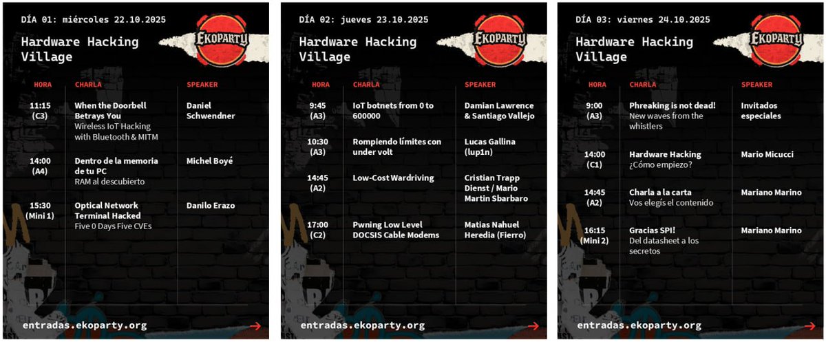 MarianoIT's tweet image. Les comparto el cronograma de la villa de hardware hacking en @ekoparty!
Desde el jueves estaré dando charlas a demanda y se realizará spectrum painting, no te olvides el SDR!.
#hardwarehacking #flipperzero #faultinjection #reversing
