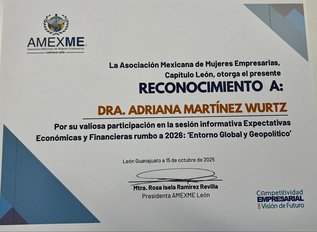 AdrianaMartW's tweet photo. ✨ Agradezco a la Mtra. Rosa Isela Ramírez y a @AMEXME_Leon por la invitación a compartir perspectivas sobre las Expectativas Económicas y Financieras rumbo a 2026.

Un espacio inspirador de diálogo y reflexión con mujeres líderes. 🌎💼

#AMEXME #LiderazgoFemenino #Economía https://t.co/EUWvHnQPME