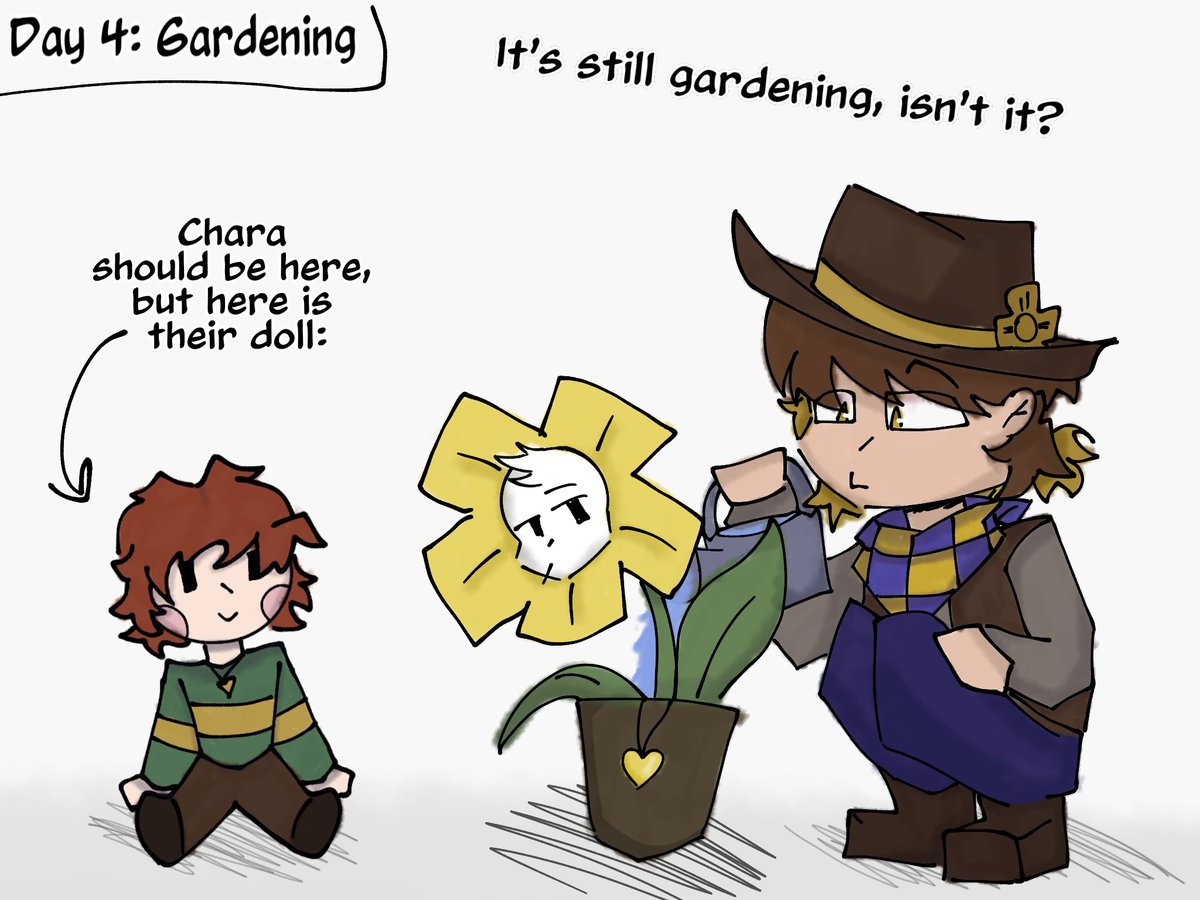 ShunZenn_dmit's tweet image. COPOWTOBER 
Day 4: Gardening 

...I spent two days working on this art and still couldn&apos;t come up with a pose for Chara, so let&apos;s pretend they just brought their doll for Flowey and Clover&apos;s peace of mind X] 

#copowtober #cocoapowder @Copow_daily