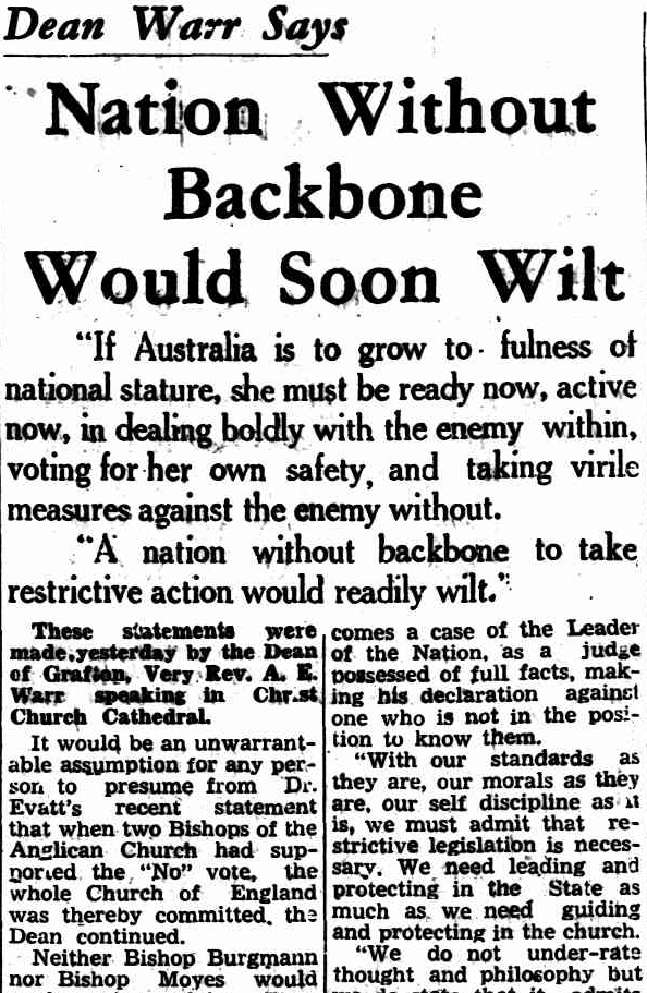 16 October 1949: installation of the Ven. Arthur Edward Warr (1902-1985), Archdeacon of the Clarence, Sub-Dean, and Canon Residentiary, Christ Church Cathedral, as first Dean of Grafton. #anglican <a href="/GraftonDiocese/">Diocese of Grafton</a> #76years Serving in that role to 1965, then moving to Pt Macquarie.