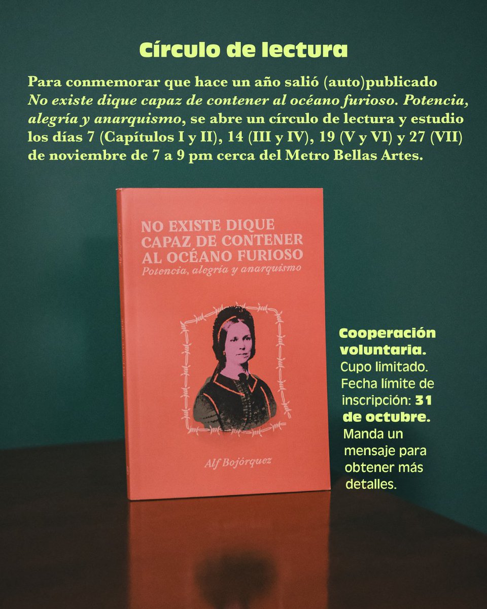 Nos vamos a juntar los jueves (y un miércoles) de noviembre por las noches en el centro de CDMX a estudiar y platicar de mi segundo libro, No existe dique capaz de contener al océano furioso, que salió hace exactamente un año  

Pásele, pásele 
Mande inbox si quiere más detalles!