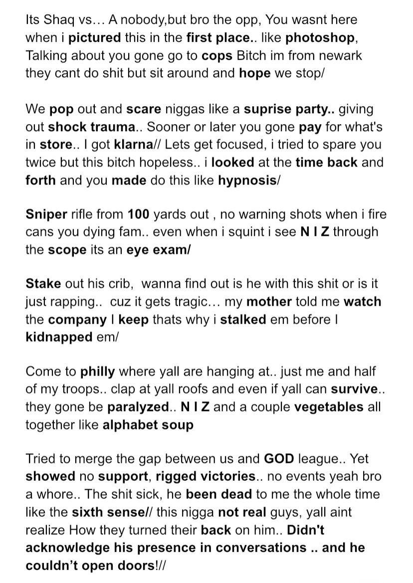 From our Deception 6 card ERBL presents : 

Niz ( <a href="/NizSixFour/">Niz The Something Idk</a> )  ( left side , went 1st ) 

                                       Vs 

Shaq ( <a href="/ShaquilleOdies1/">Shaq</a> )  ( right side , went 2nd ) 

Check this battle out ‼️ LIKE/REPOST ‼️Follow us.

#Deception6