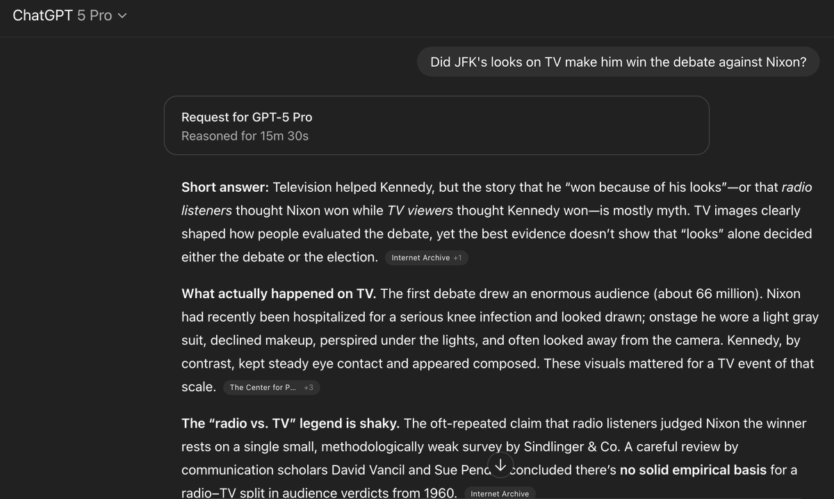 winterblooms's tweet photo. A personal knowledge eval I have is testing when LLMs repeat conventional knowledge that is more rarely known to be misleading or false. GPT-5 via the router repeats the radio vs tv poll bit whereas GPT-5 Pro is now sophisticated enough to find that the evidence is very weak. https://t.co/s6Rfj5C6Cj
