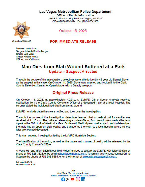 LVMPD's tweet image. 45-year-old Darnell Davis was arrested in connection with a homicide that occurred on October 13, 2025, near the 800 block of West Lake Mead Boulevard.

Click below for additional information.
