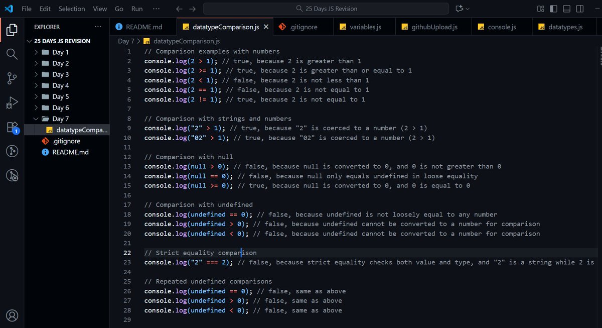 JagrataDeb's tweet image. Day 7 of #25DayChallenge by @Hiteshdotcom &amp; @ChaiCodeHQ
JavaScript comparisons! 🧠
Check these out:
"2" &gt; 1 ✅ (string → number)
null &gt;= 0 ✅ (null → 0)
undefined == 0 ❌ (still tricky)
"2" === 2 ❌ (strict type check)
#JavaScript #ChaiAurCode #Consistency #MasterJi