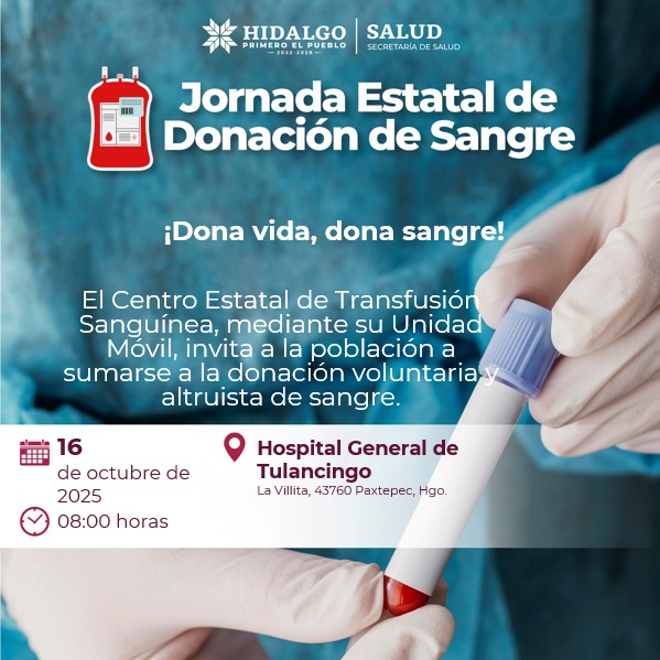 CETSHgo's tweet image. El Centro Estatal de Transfusión Sanguínea, a través de su Unidad Móvil, te invita a participar en la Jornada de donación voluntaria y altruista de sangre
#donasangre #altruismo #Tulancingo