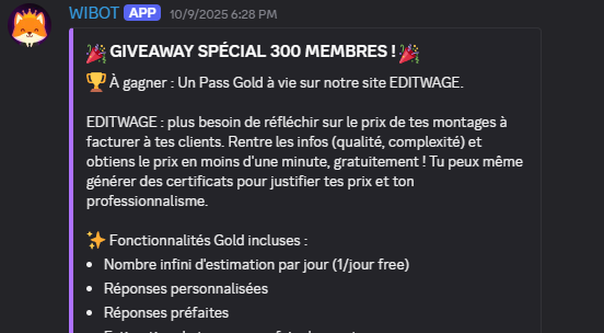 WibeeWorks's tweet image. Les dernières 24h pour participer gratuitement au giveaway pour gagner un passe Gold à vie sur Editwage : site gratuit et français te permettant de connaître à chaque fois, combien tu dois facturer ton montage pour ton client. 🚀 
Participer maintenant : discord.gg/5d6nJBYrWq