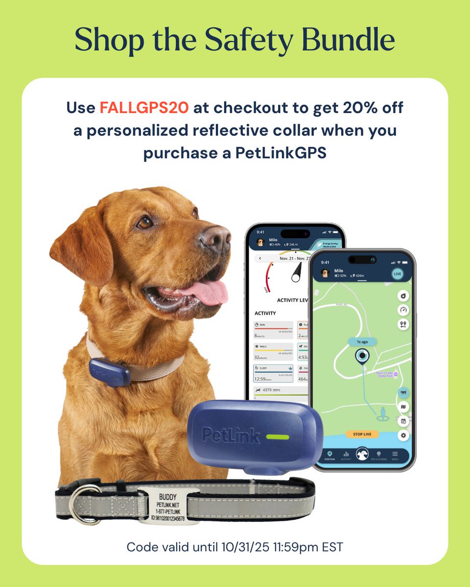 DatamarsPetLink's tweet photo. Fall means earlier sunsets and darker walks. Keep your dog safe and visible with our Reflective Collar + PetLinkGPS bundle. 🐕🔦
Use FALLGPS20 at checkout to get 20% off a personalized reflective collar when you purchase a PetLinkGPS. https://t.co/6ZQ0mtdQSK https://t.co/kuIKEl5eZj