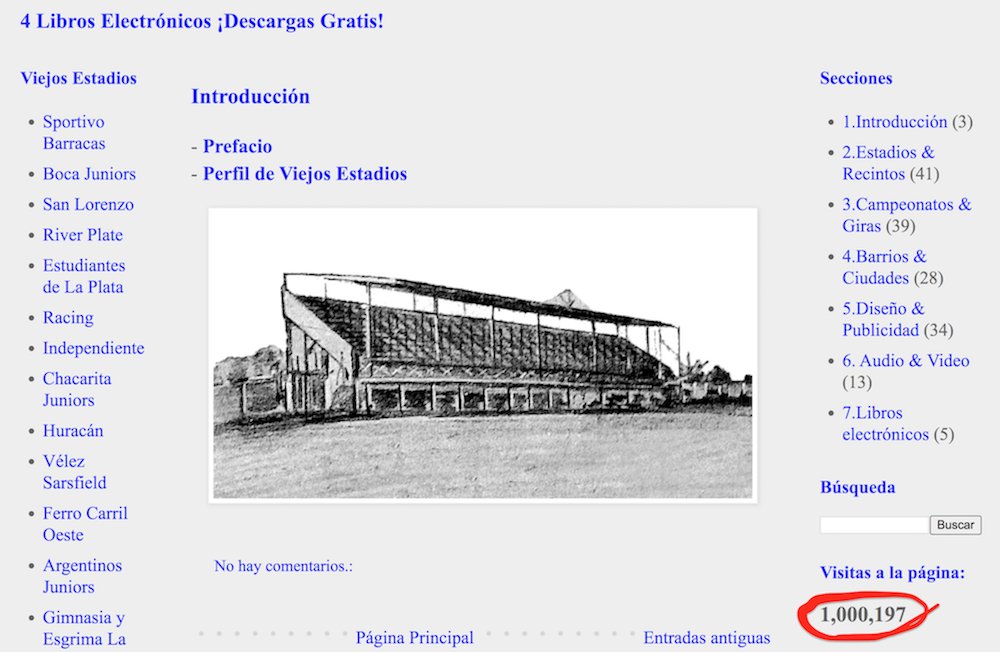 Hoy (15.10.25) viejosestadios.blogspot.com superó el millón de vistas. No es una cifra extraordinaria —la página tiene más de 10 años— pero sí significativa para mí. Mil gracias a todos quienes la consultan en búsqueda de información e imágenes sobre el fútbol del ayer.