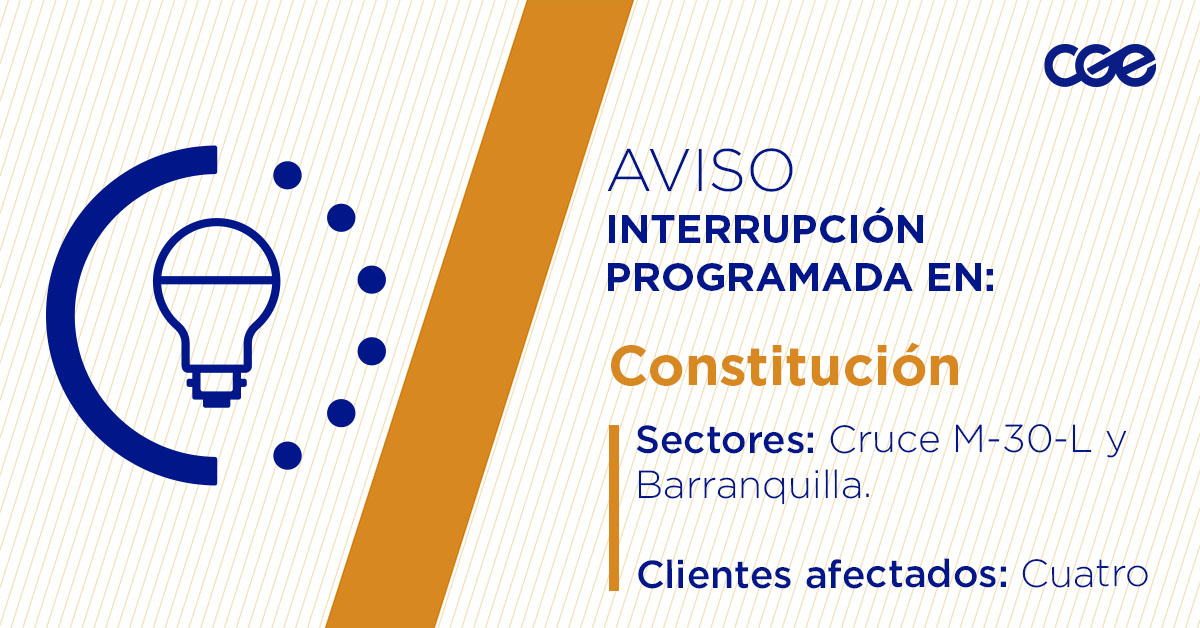 Para mejorar la calidad del suministro de nuestros clientes de #Constitución, este jueves, entre 10:30 y 16:30 horas, se realizará una #InterrupciónProgramada (sectores en la imagen 👇) debido a trabajos de mejoras. Esto afectará a cuatro clientes. Recuerda desconectar tus