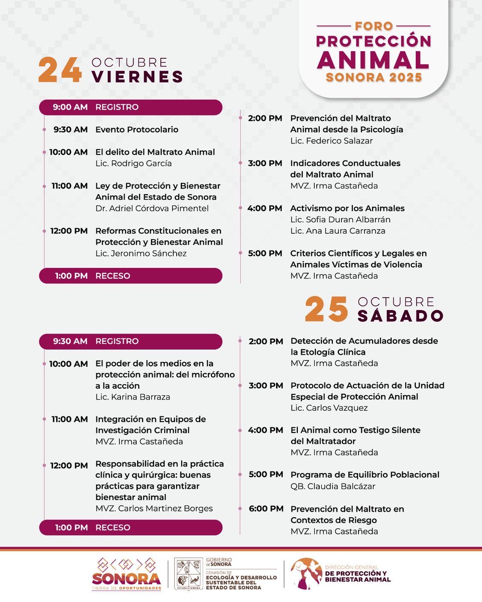 Impulsamos políticas públicas para el bienestar y protección animal. 

Participaremos en el Foro Protección Animal Sonora 2025, donde especialistas, autoridades y organizaciones compartirán experiencias y propuestas para fortalecer la protección animal en el Estado. 

📅 24 y 25
