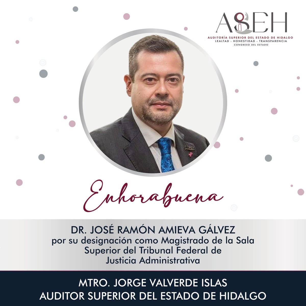 ASEH_Hgo's tweet image. Felicitamos al Dr. @JoserraAmieva por su nombramiento como Magistrado de la Sala Superior del Tribunal Federal de Justicia Administrativa.
Su trayectoria honra a Hidalgo.
Mtro. @jorvalverdeASEH
Auditor Superior del Estado de Hidalgo